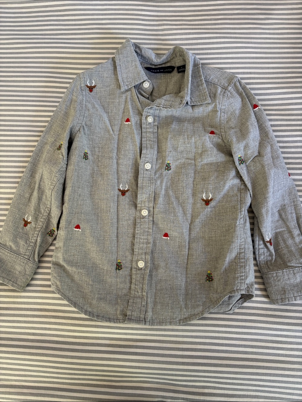 Janie and Jack Grey Embroidered Holiday Button-Down Shirt